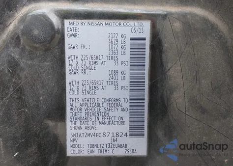 2015 Nissan Rogue Sv from USA, damaged, VIN 5N1AT2MV4FC871824